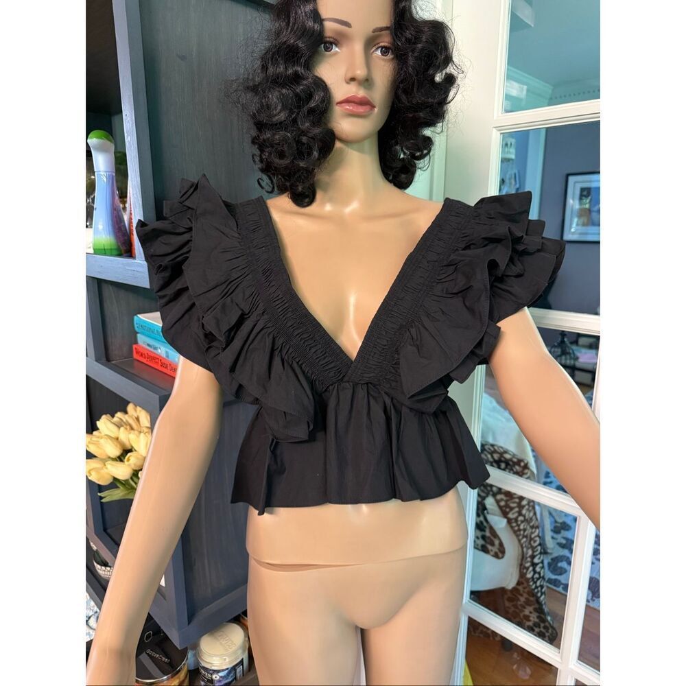 Nasty Gal Black Cropped Back Zip Oversized Ruffle Deep V Top sz 0 runs large NWO